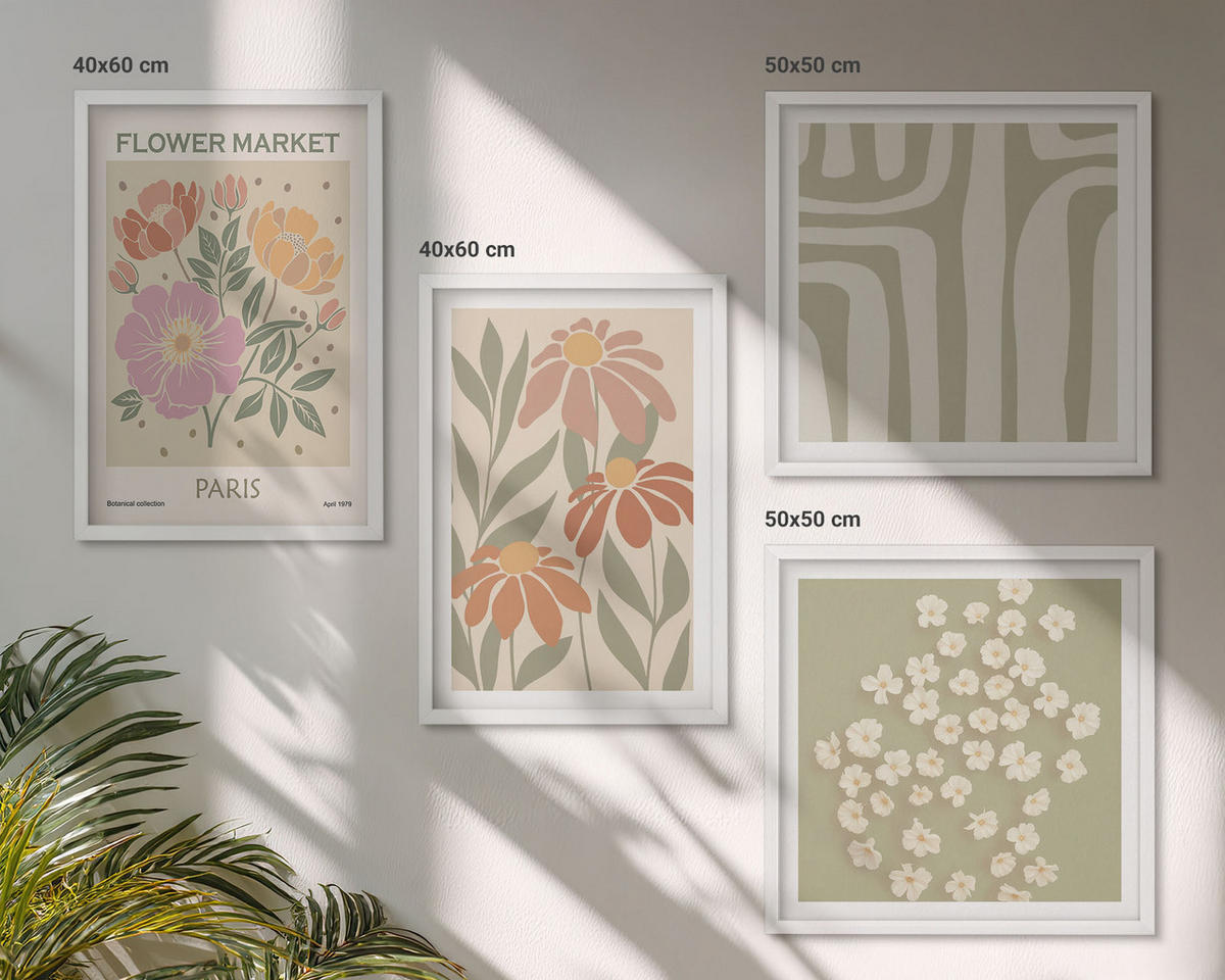 BILDER SET 4er Set - 50x50 cm & 40x60 cm Weißer Rahmen - Botanische Motive, Pariser Minimalismus - Weiß, Kunststoff (50/50cm) - TULUP