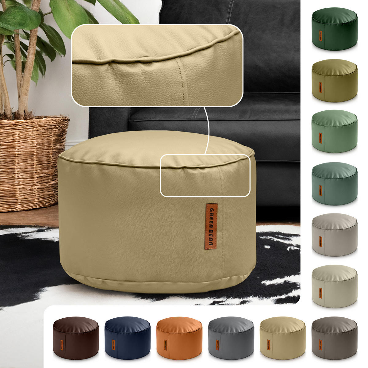 INDOOR HOCKER Stay rund Kunstleder - Beige, Textil (43/30/30cm) - Green Bean