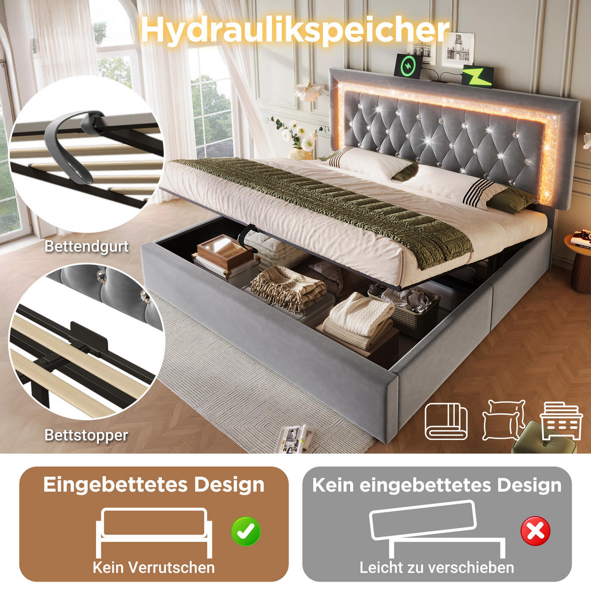 POLSTERBETT 160/200 cm Grau mit LED-Beleuchtung Stauraum USB- und Type-C-Anschlüssen mit Matratze - Grau, Textil (160/200cm) - OKWISH