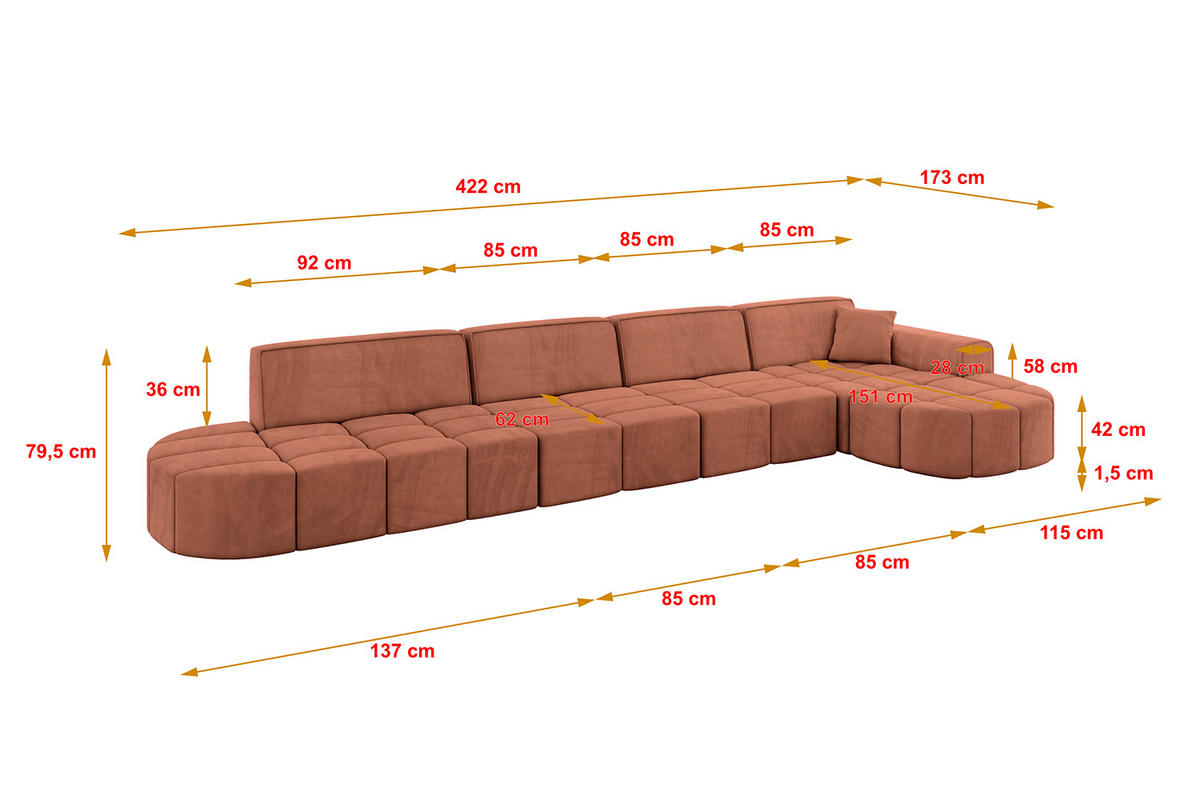 ECKSOFA Ottomane Rechts LIVO-L3 - 422x173x79,5 cm Apricot - Koralle, Holzwerkstoff/Textil (422/173cm) - ALTDECOR