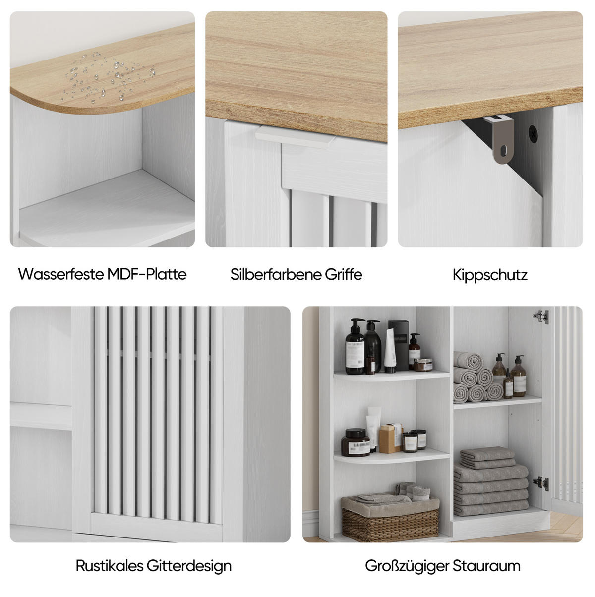 BADEZIMMERSCHRANK 68x25x76 cm Weiß & Eiche mit 3 offenen Regalen & Schrank - Weiß, Holzwerkstoff (68/76/25cm) - Modfu