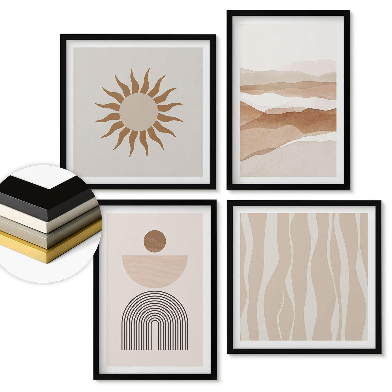 WANDBILDER 4er-Set - 50x50 cm & 40x60 cm Schwarzer Rahmen - Abstrakte Landschafts- und Naturgeometrie - Schwarz, Kunststoff (50/50cm) - ArtPrintCave