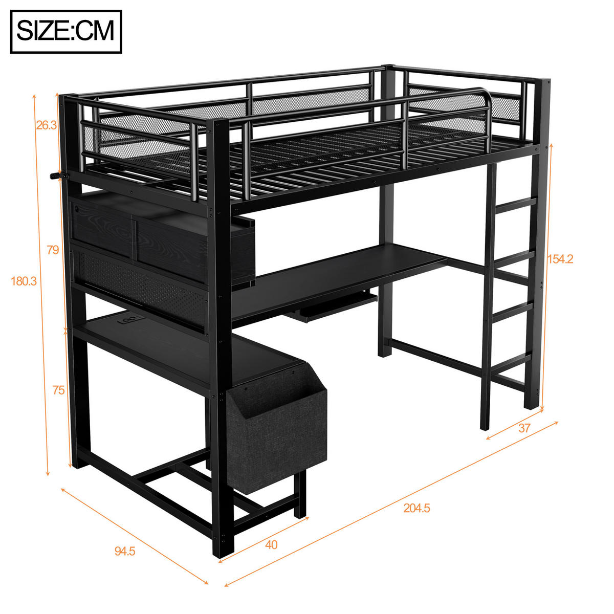 HOCHBETT 90/200 cm in Schwarz aus MDF und Metall mit Schreibtisch, LED und Steckdosen - Schwarz, Holzwerkstoff/Metall (90/200cm) - WISHDOR