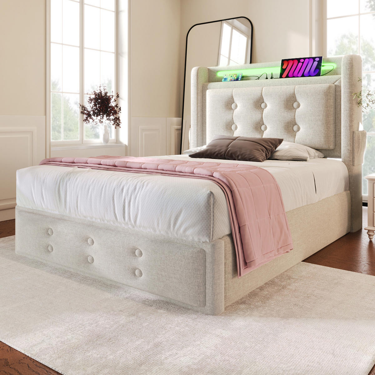 POLSTERBETT aus Baumwoll-Leinen 90x200 cm in Beige mit LED & USB-C - Beige, Textil (90/200cm) - Modfu