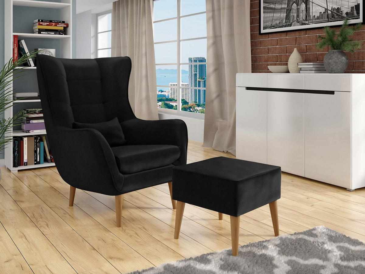 SESSEL Estjano mit Fußbank - Beige/Schwarz, Holz (80/106/95cm) - MIRJAN24