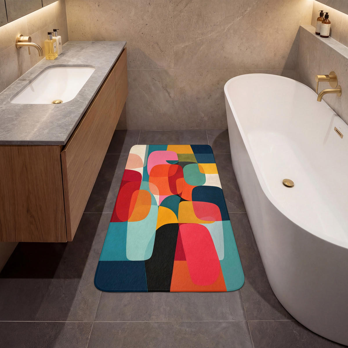 KOUPELNOVÁ PŘEDLOŽKA Tvary - barevné - abstraktní - letadla 60x120 cm - různobarevná, textil/plast (60/120cm) - OnlyWow
