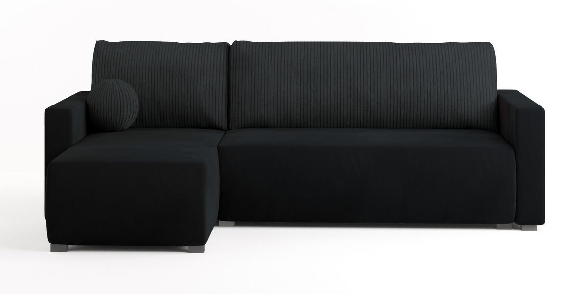 ECKSOFA SORGE Schwarz Plüsch-Stoff mit Schlaffunktion - Schwarz, Holz (220/143cm) - MASSENO