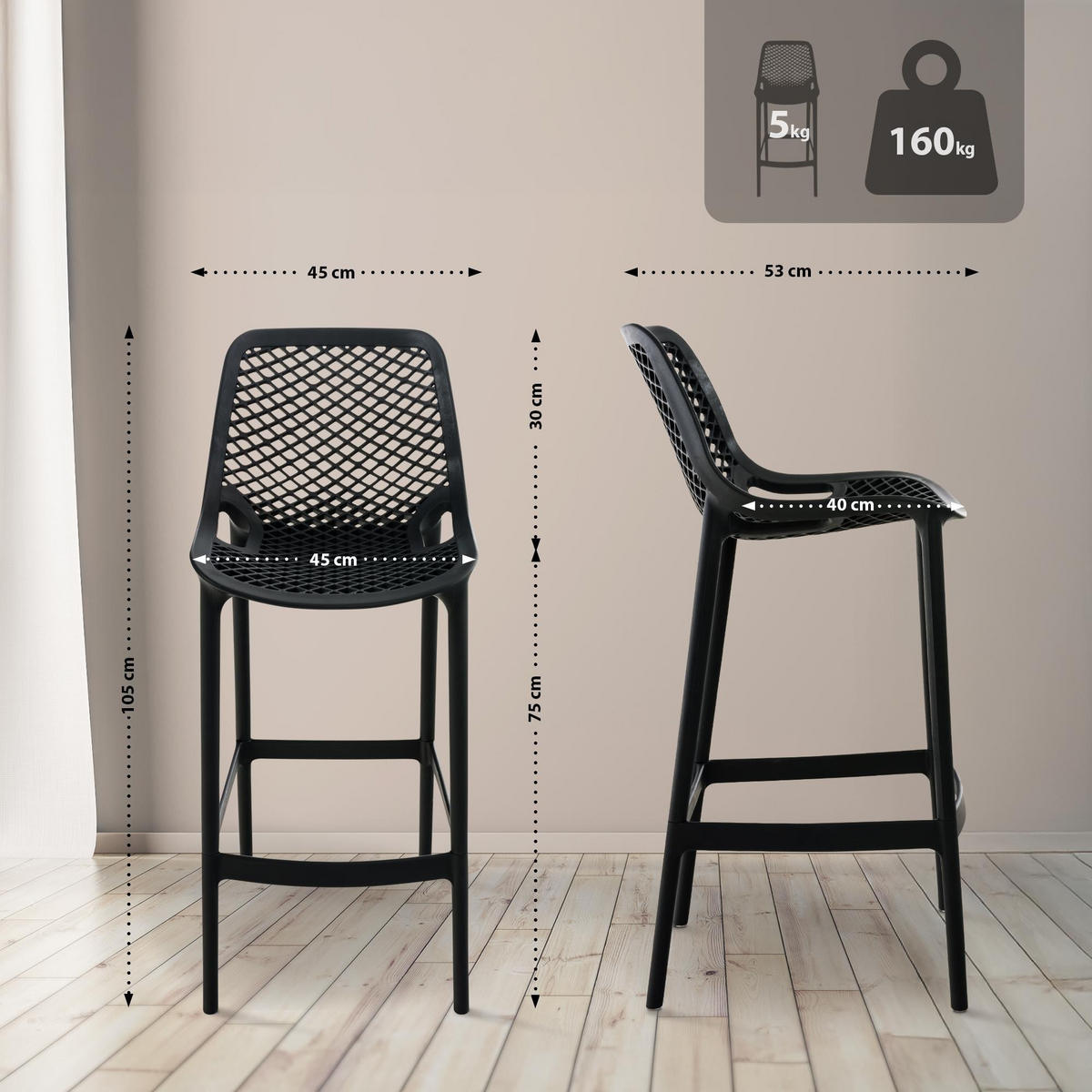 BARHOCKER Air 105x45x53 cm schwarz - Schwarz, Kunststoff (45/105/53cm) - furnicato