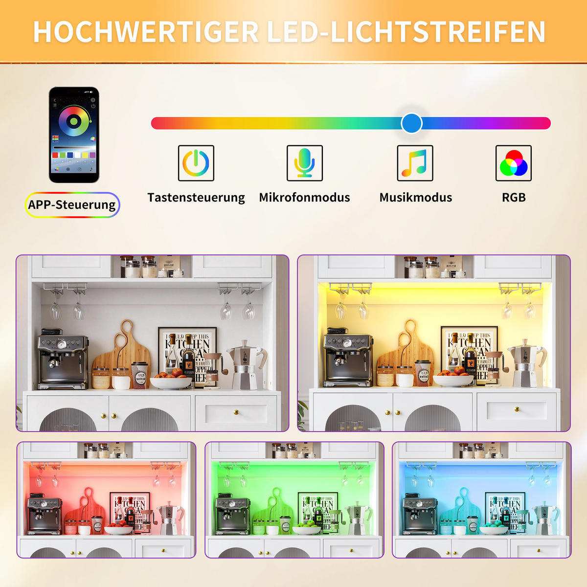 BUFFETSCHRANK 120/40/188 cm weiß aus MDF mit LED-Lichtleiste - Weiß, Holzwerkstoff (120/188/40cm) - OKWISH