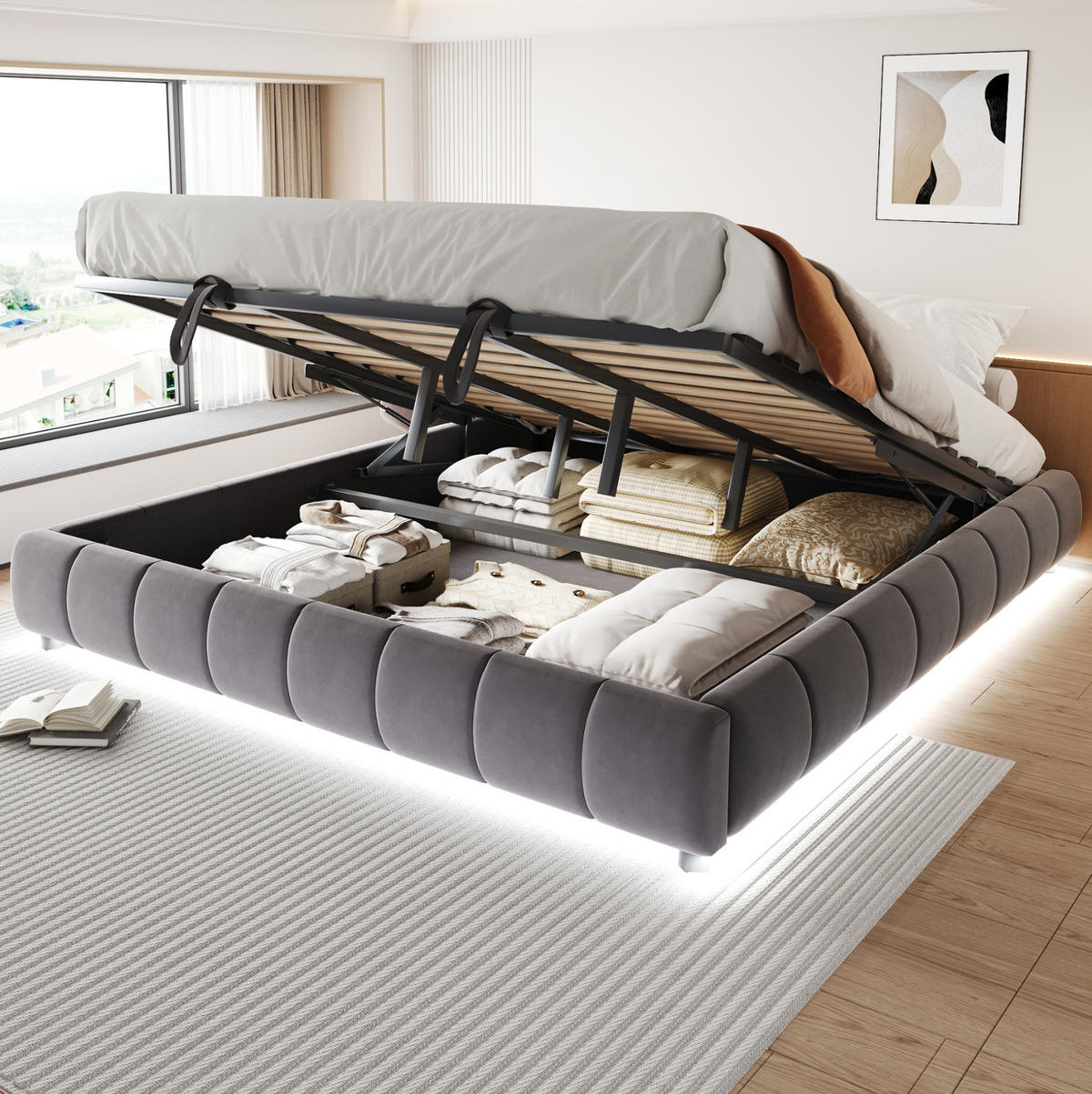 BETT ohne Kopfteil mit Stauraum und LED 180x200 cm Grau - Grau, Metall (180/200cm) - Meubliv