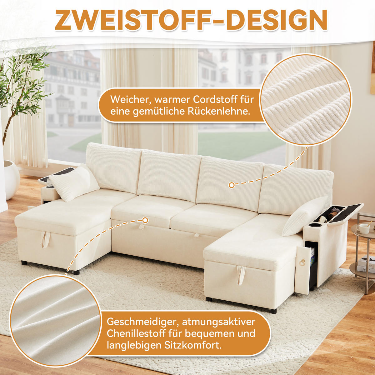 SCHLAFSOFA U-Form mit Getränkehalter und Stauraum, Beige - Beige, Textil (272/84/131cm)