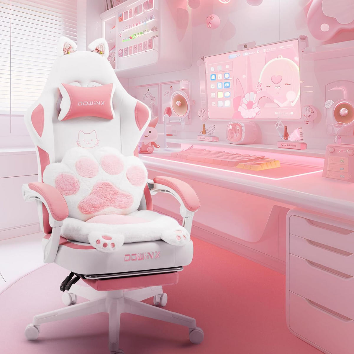 GAMING-STUHL Ergonomischer & Fußstütze Bürostuhl & Lendenwirbelstütze - Rosa, Leder (52/126/49cm)
