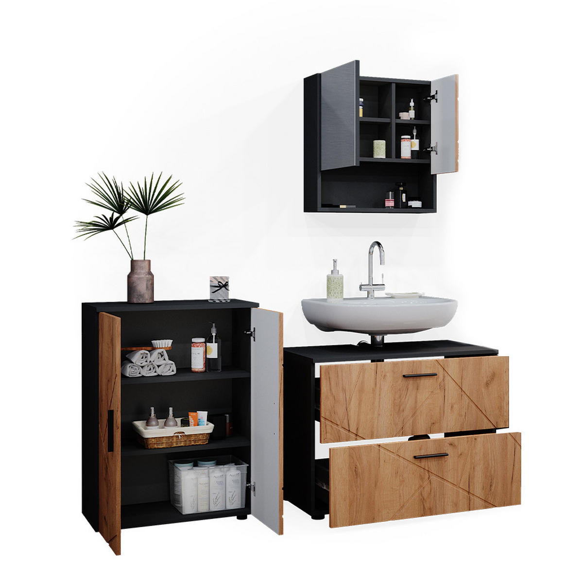 BADMÖBEL-SET Irma Goldkraft Eiche/Anthrazit 3 Teile mit Unterschrank 80 cm - Honigeiche/Anthrazit, Holzwerkstoff (80/58/41cm) - Vicco