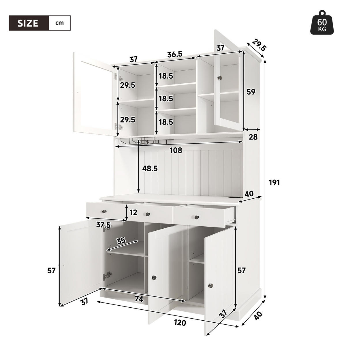 BUFFETSCHRANK Hochschrank 120x40x191cm Weiss Schwarz Griffe USB - Weiß, Holzwerkstoff (40/191/120cm) - FLIEKS