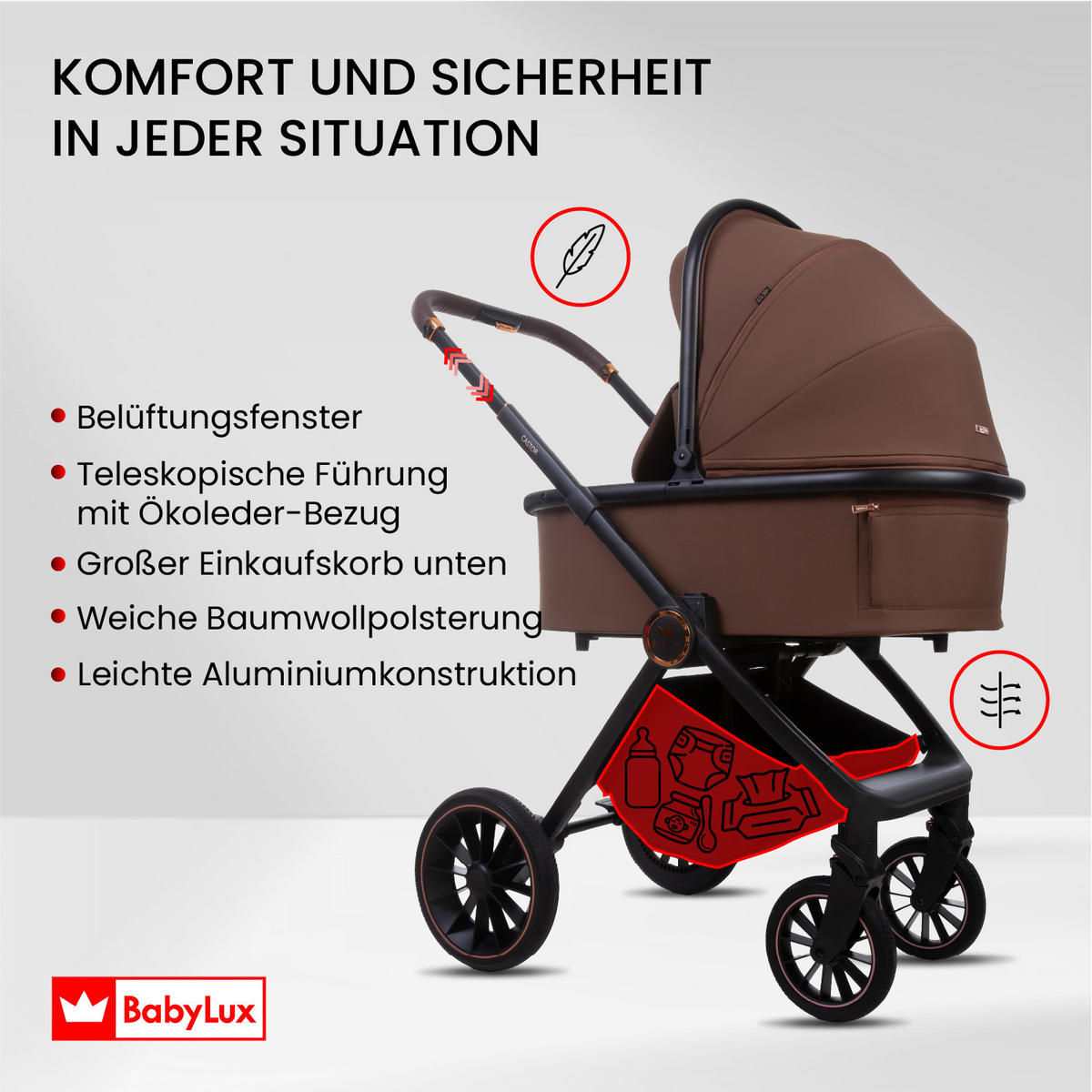 KINDERWAGEN Castor 4in1 Brownie Babywanne, Reisebuggy, Autositz, Isofix Basis - Schwarz/Braun, Textil/Metall (58/98cm) - BabyLux