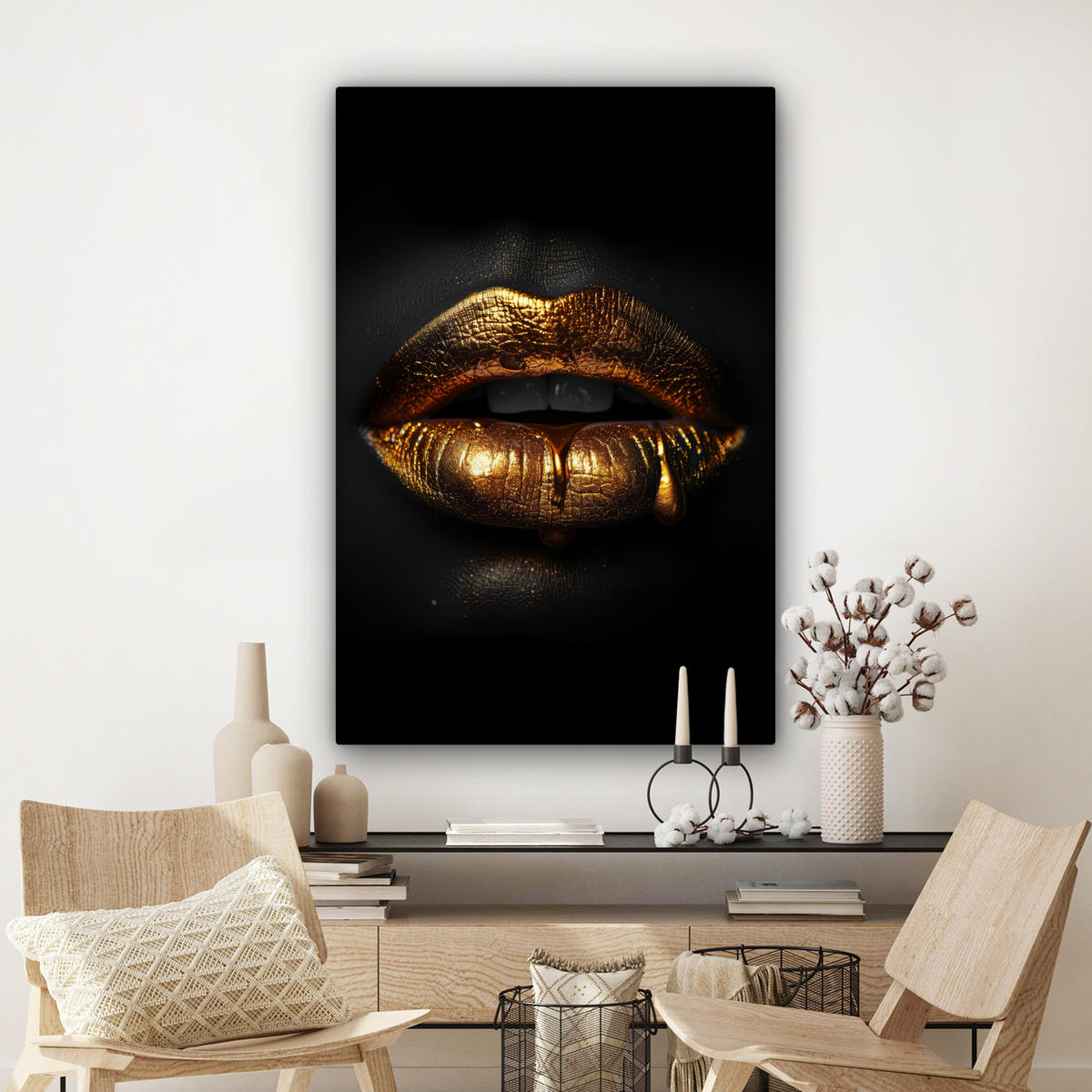 LEINWANDBILD Frau - Porträt - Lippen - Gold - Schwarz Deko Groß 90x140 cm - Schwarz, Textil (90/140cm) - MuchoWow