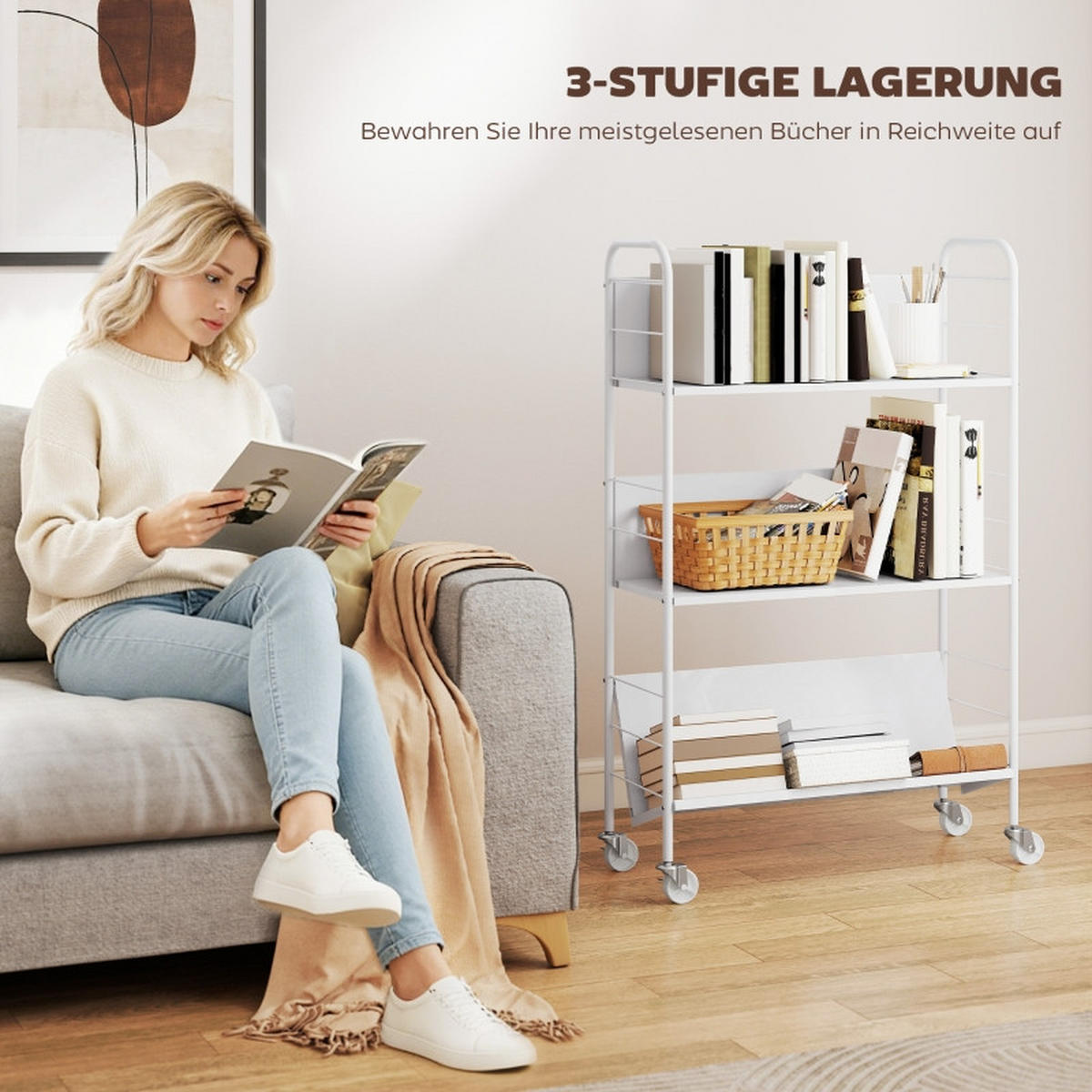 BÜCHERREGAL 69/26/108 cm, 3 Ebenen, aus Metall, mit Rollen, Weiß - Weiß, Metall (69/108/26cm) - BEAOK