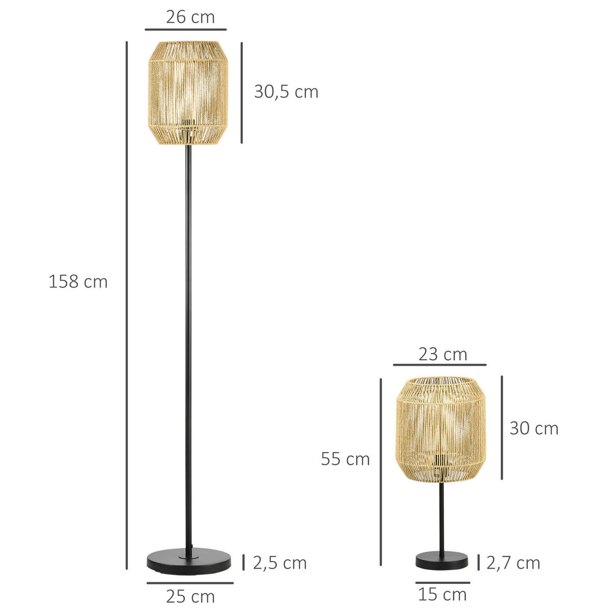 TISCHLAMPE Set mit E27 Sockel, Natur - Multicolor, Papier (26/26/158cm) - HOMCOM