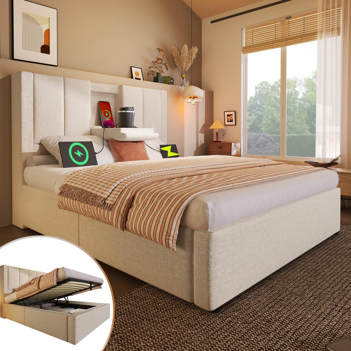 POLSTERBETT aus Leinen 90x200 cm Beige mit Bettkasten, USB-Ladestation und Becherhalter - Beige, Textil (90/200cm) - IVMEU