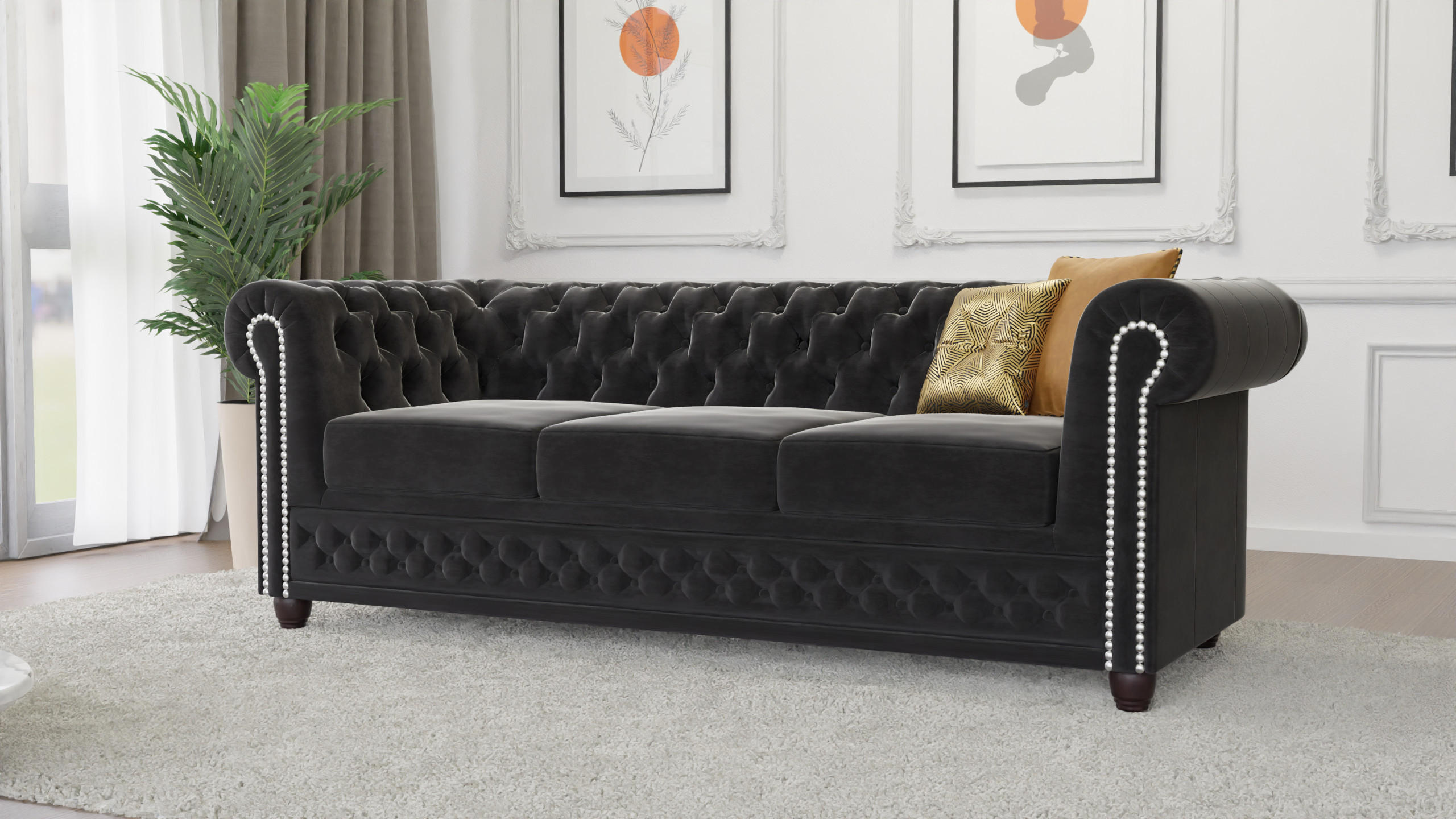 CHESTERFIELD-SOFA 3-sitzer Nyx Schwarz Samt - Schwarz/Braun, Holz/Textil (203/72/86cm) - S-Style Möbel