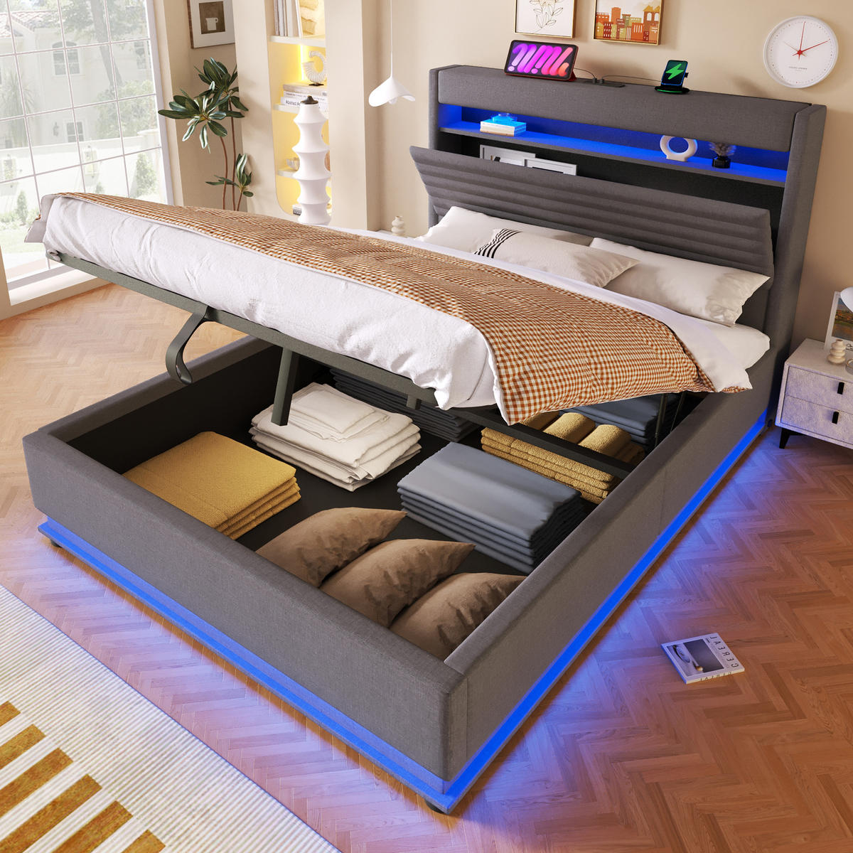 POLSTERBETT 140/200 cm in Grau Leinen mit LED, USB und Stauraum - Grau, Holzwerkstoff/Textil (140/200cm) - WISHDOR