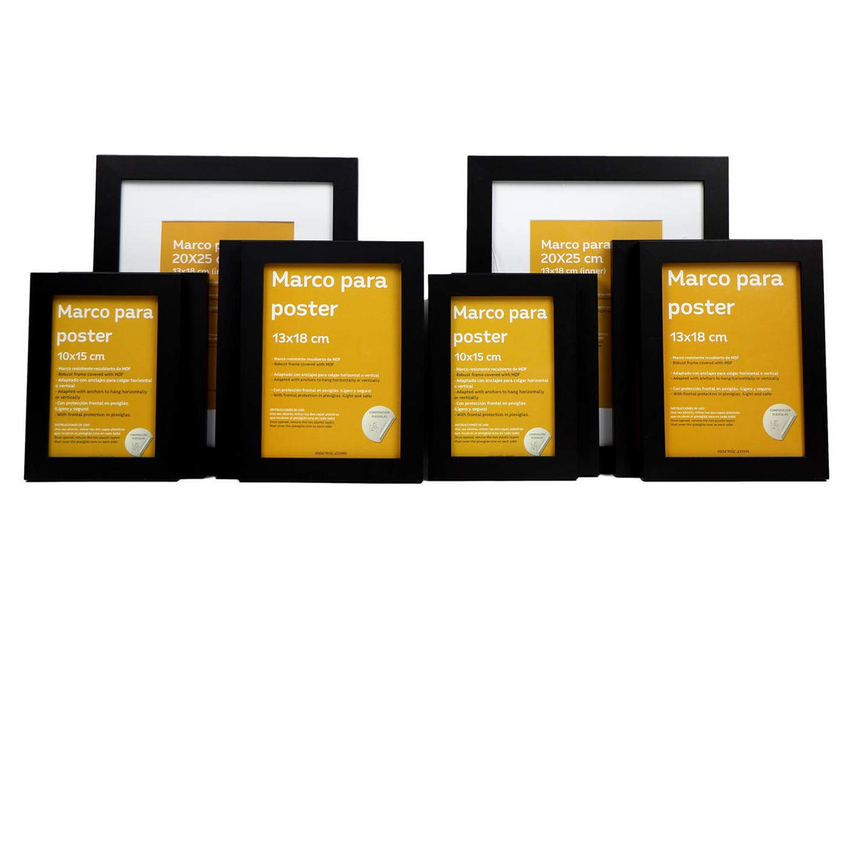 RAHMEN Set mit 10 aus MDF und Acrylglas Schutz und Aussteller für Fotografien, Bilder, Poster, Gemälde Farbe Schwarz 20x25, 13x18, 10x15 cm - Schwarz, Holz (20/3/25cm) - Nacnic