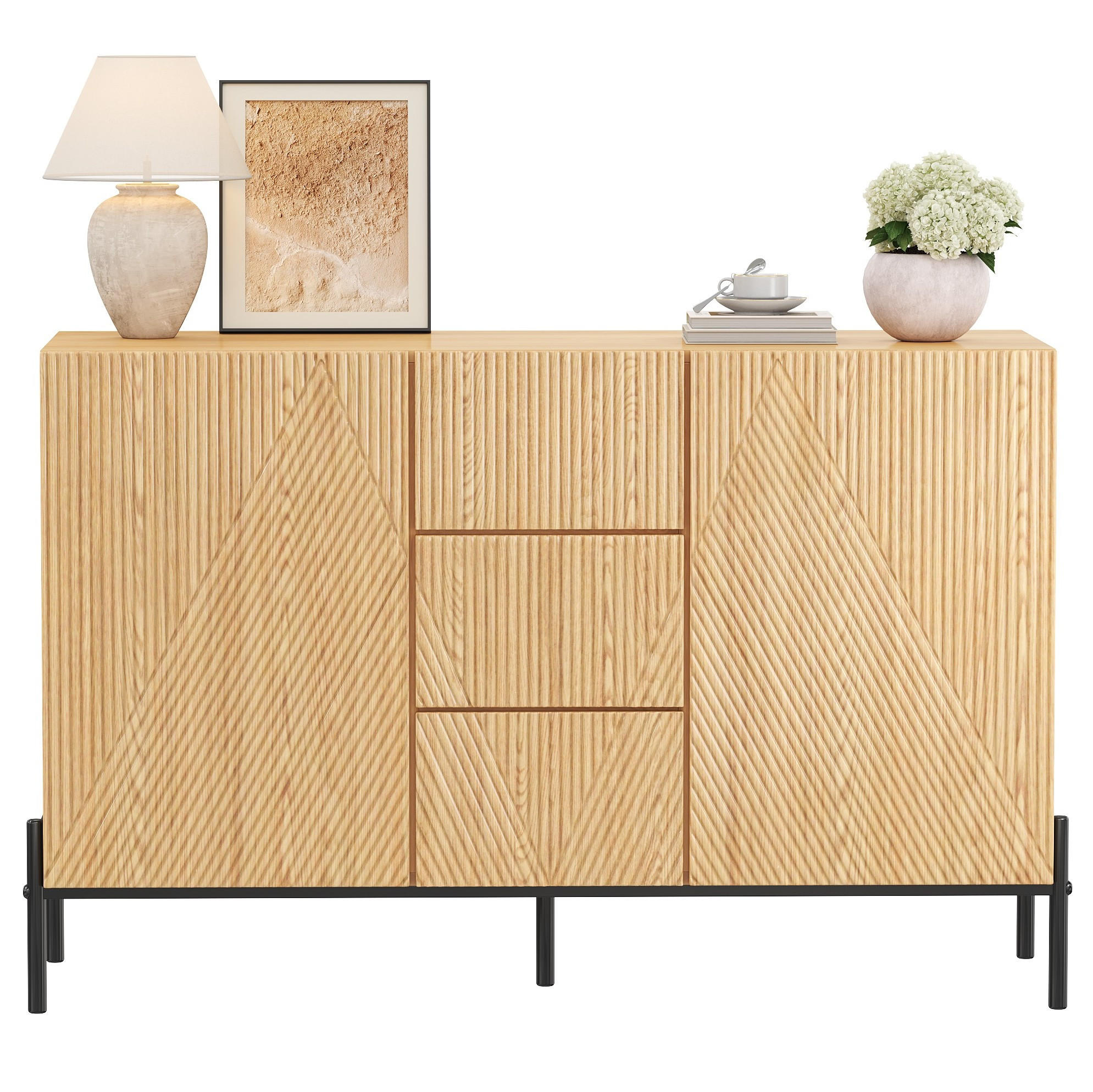 OKWISH BOČNÍ skříň 115,5/40/76 cm přírodní z MDF s geometrickými dvířky a úložným prostorem