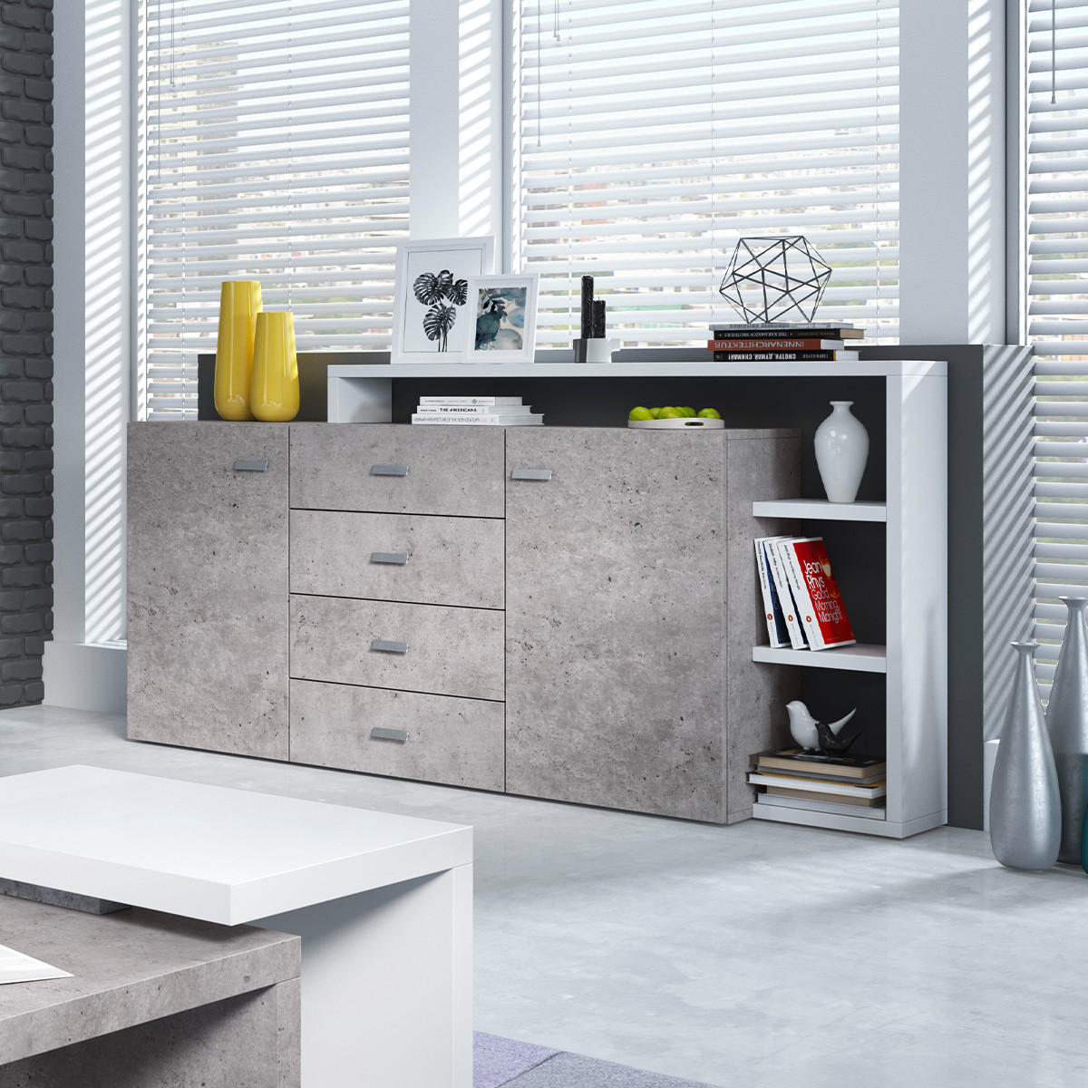 SIDEBOARD Ilyes Weiß und Beton - Weiß, Holzwerkstoff (180/98/37cm) - Petits-meubles