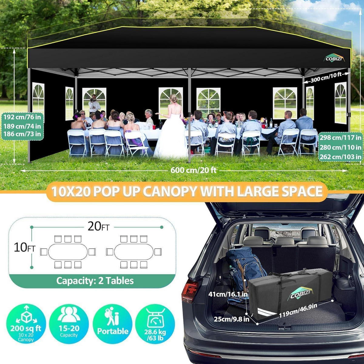 FALTPAVILLON 3x6m mit Seitenwänden Schwarz Textil - Schwarz, Textil (300/298/600cm)