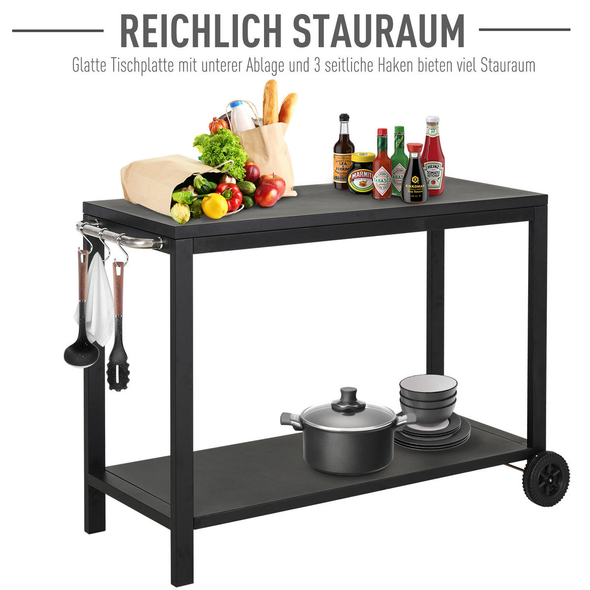 KÜCHENWAGEN, Steel, Edelstahl, Schwarz - Schwarz, Metall (46.5/86.5/135cm) - HOMCOM