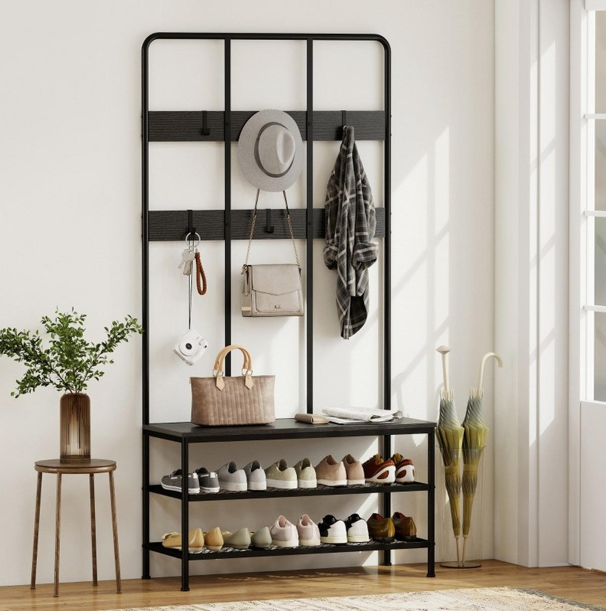 GARDEROBENSTÄNDER mit Sitzbank, 6 Haken, 2 Schuhregalen und Kippschutz, Schwarz - Schwarz, Metall (91/180/36cm) - Redom