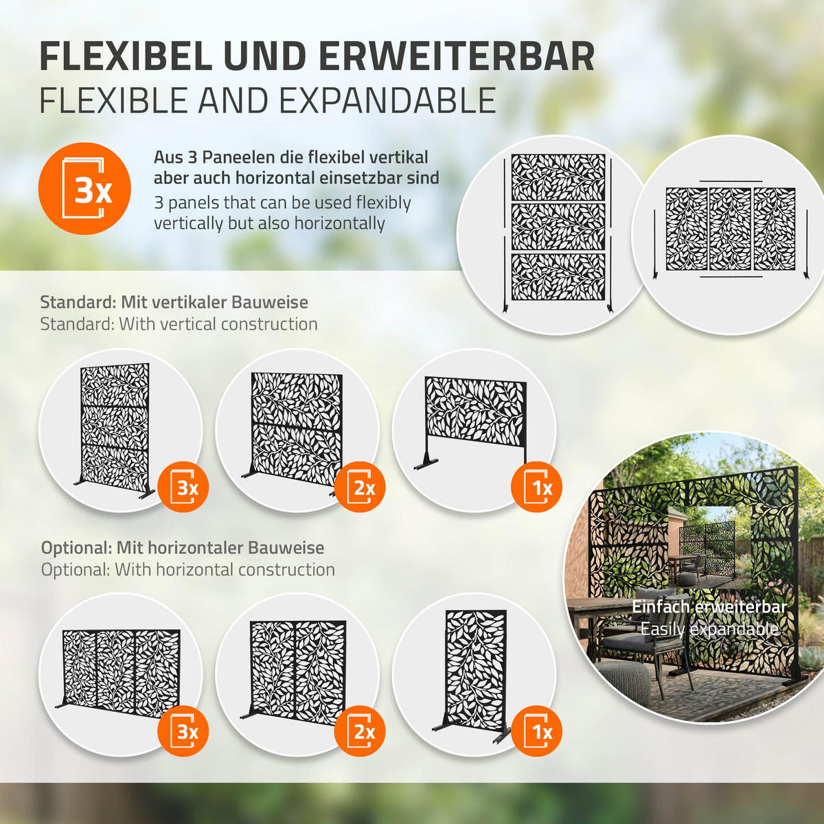 METALL-SICHTSCHUTZ Firenze 120x180 cm Schwarz aus Stahl - Schwarz, Metall (120/183cm) - ML-DESIGN