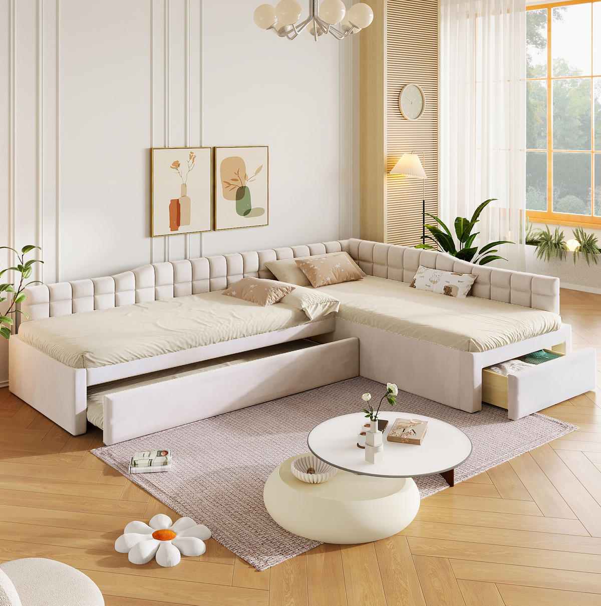 L-FÖRMIGES Polsterbett 90x200 cm in Beige mit Ausziehbett und Schubladen - Beige, Textil (90/200cm) - IVMEU