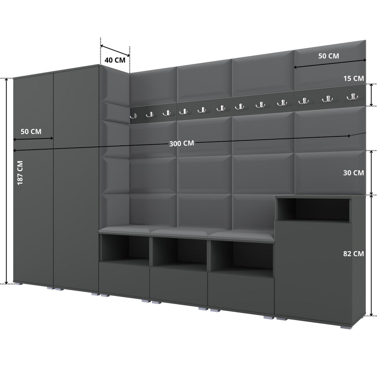 GARDEROBE NELA XII 300 cm (Modulare Flurmöbel Graphit mit Sitzpolster Dunkelgrau 15 Gigantisches Set) - Dunkelgrau/Silberfarben, Holz/Holzwerkstoff (300/187/40cm) - Ravio