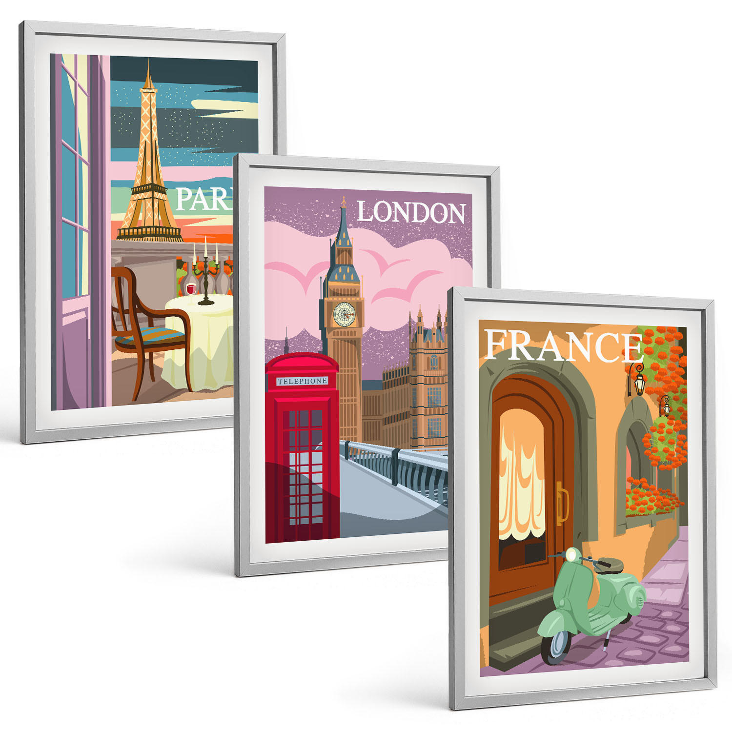 BILDER SET 3er Set - 40x60 cm Silberner Rahmen - Ansichten Paris London Retro - Silberfarben, Kunststoff (40/60cm) - TULUP