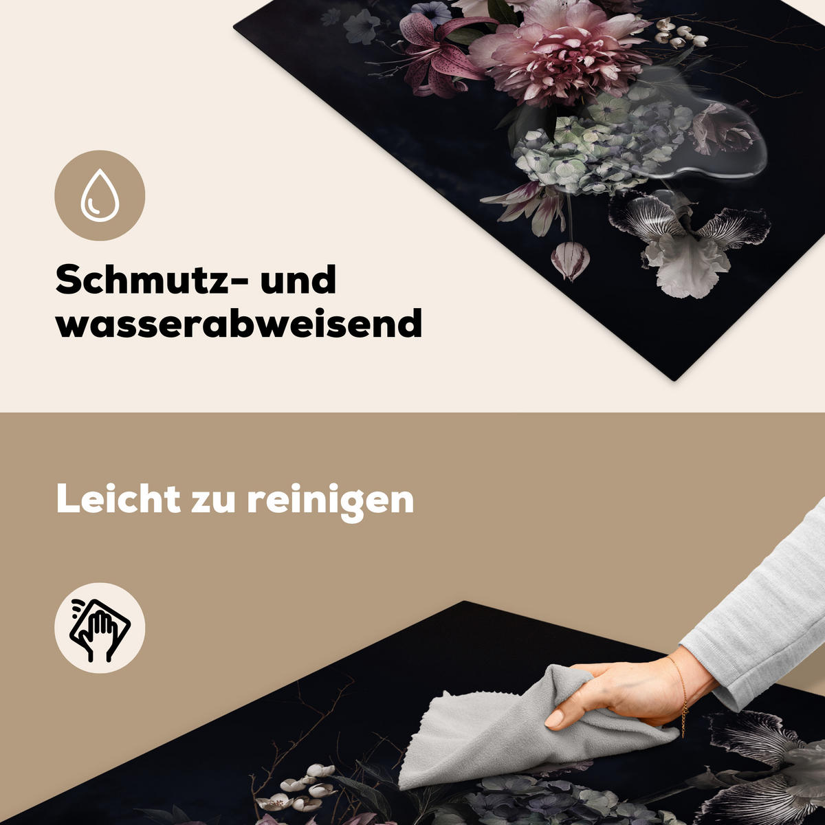 HERDABDECKPLATTE Blumen - Vintage - Pastell - Rosa - Weiß Abdeckung Ceranfeld 81.2x52 cm - Altrosa, Kunststoff (81.2/52/0.2cm) - MuchoWow