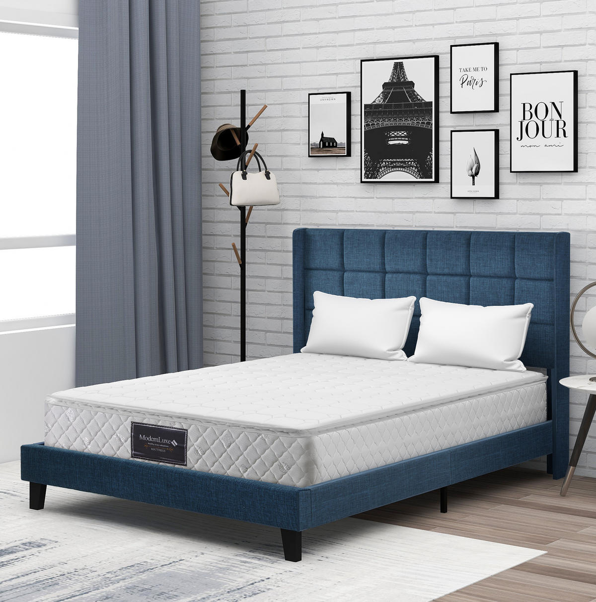 POLSTERBETT aus Leinen 140x200 cm in Blau mit Lattenrost & Matratze - Blau, Textil (140/200cm) - Modfu