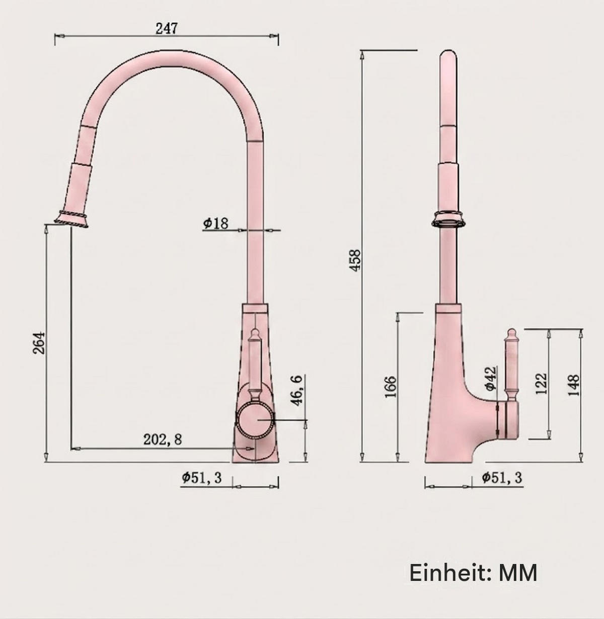 WASCHTISCHARMATUR, 458 x 247 mm, rosa - Pink, Metall (50/8/30cm) - Vallsero