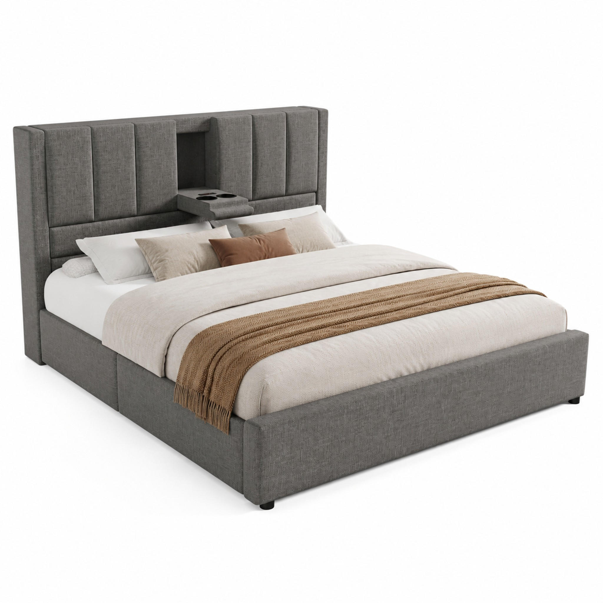 POLSTERBETT mit Stauraum & Ladestation 160 x 200 cm Leinen Grau - Grau, Metall (160/200cm) - Meubliv