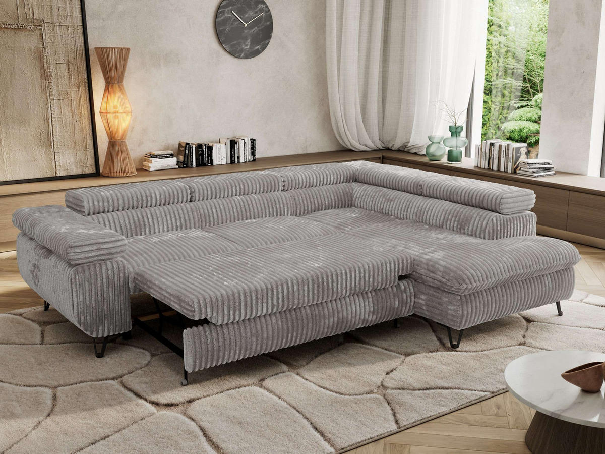 ECKSOFA PABLO L Hellgrau Cord - Rechts Seite mit T25 Topper - Hellgrau/Schwarz, Textil/Metall (273/208cm) - MKS