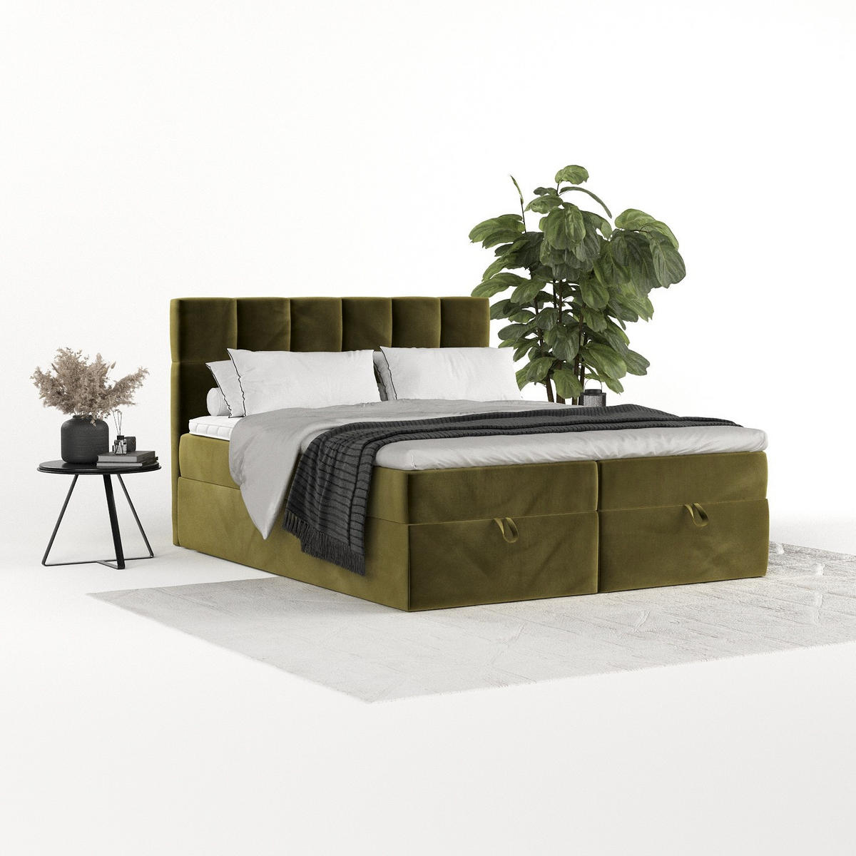 BOXBETT Savio 200/200 cm Olivgrün im Kronos Stoff - Schwarz/Olivgrün, Holz/Holzwerkstoff (200/200cm) - AltaBeds