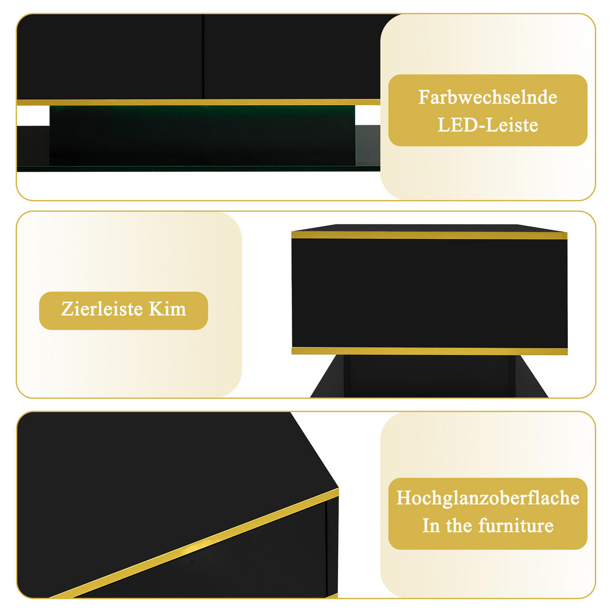 KONFERENČNÍ stolek z dřevotřísky, 100/50/40 cm černý/zlatý, s LED osvětlením a 3 zásuvkami - černá, kompozitní dřevo (100/50/40cm) - BEAOK