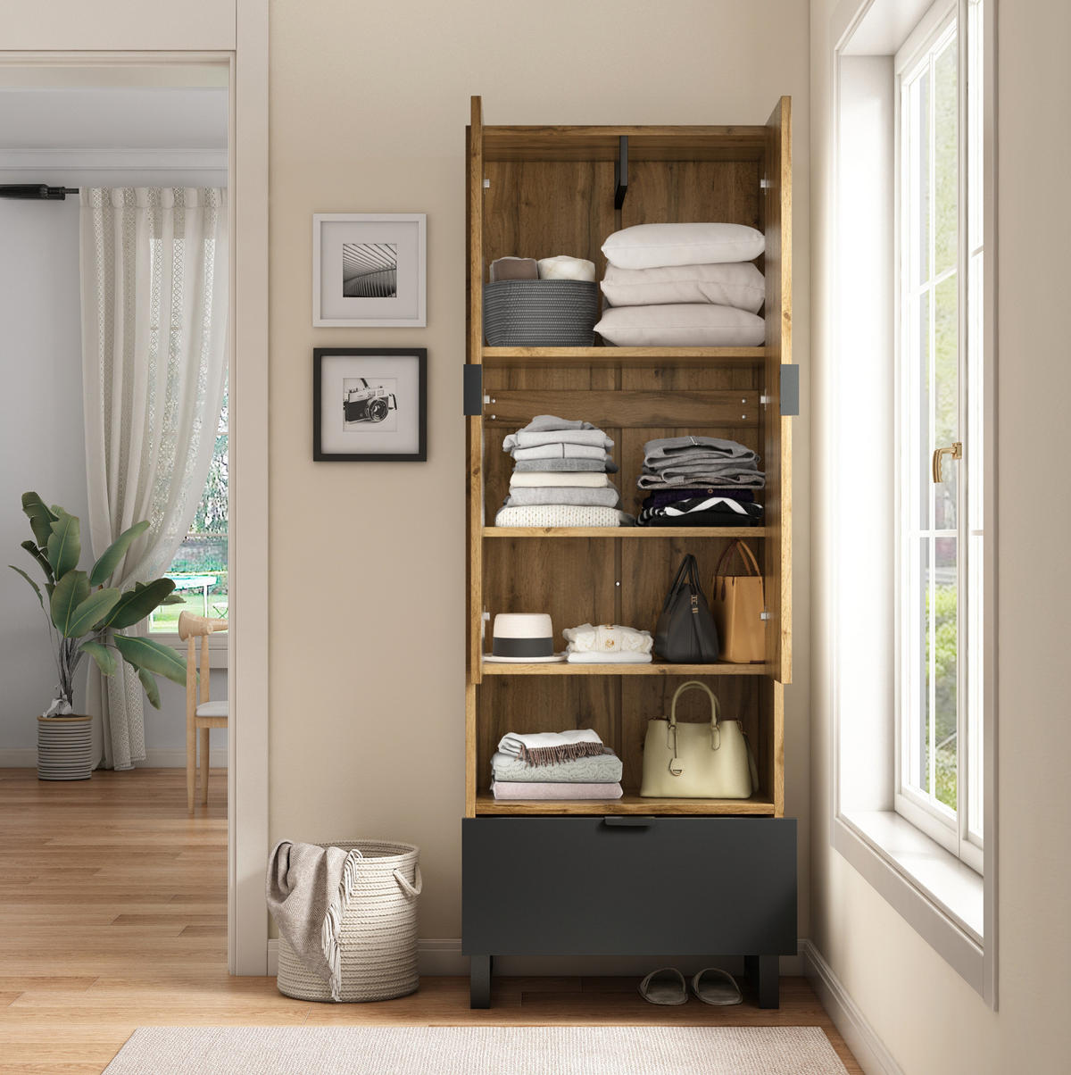 GARDEROBE 180/65/38 cm Natur/Schwarz aus Spanplatte mit Kleiderstange - Naturfarben, Holzwerkstoff (38/65/180cm) - OKMYHOME
