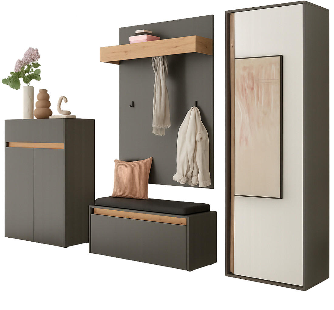 GARDEROBEN-SET 5-teilig grau matt, Eiche Wotan 265 cm, Flurmöbel mit viel Stauraum - Eiche Wotan/Schwarz, Glas/Holzwerkstoff (265/200/40cm) - Furn.Design