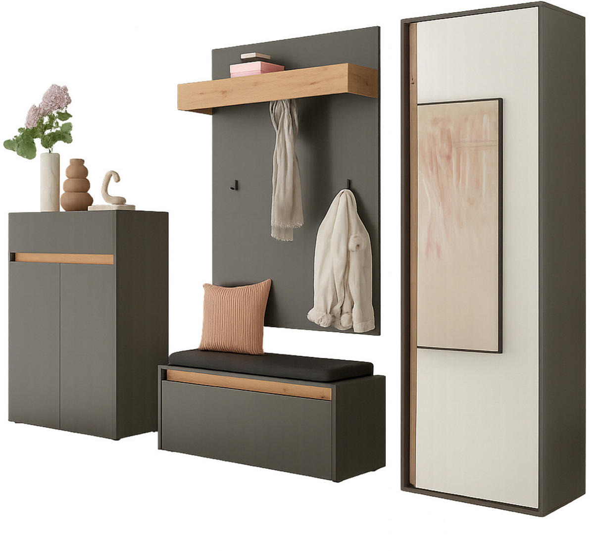 GARDEROBEN-SET 5-teilig grau matt, Eiche Wotan 265 cm, Flurmöbel mit viel Stauraum - Eiche Wotan/Schwarz, Glas/Holzwerkstoff (265/200/40cm) - Furn.Design