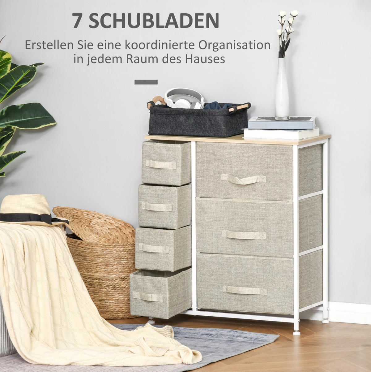 KOMMODE 63,5/30/71 cm aus Stahl mit 7 faltbaren Stoffschubladen Hellgrau - Hellgrau, Metall (63.5/71/30cm) - Modenvie