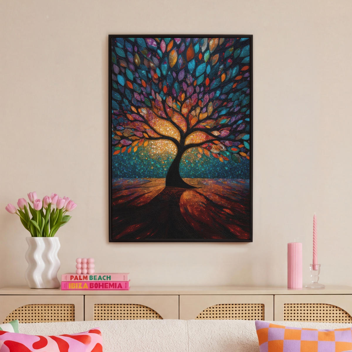 LEINWAND Bilder mit Rahmen - Mosaik - Bunt - Baum - Äste - 60x90 - Multicolor, Textil (60/90cm) - MuchoWow