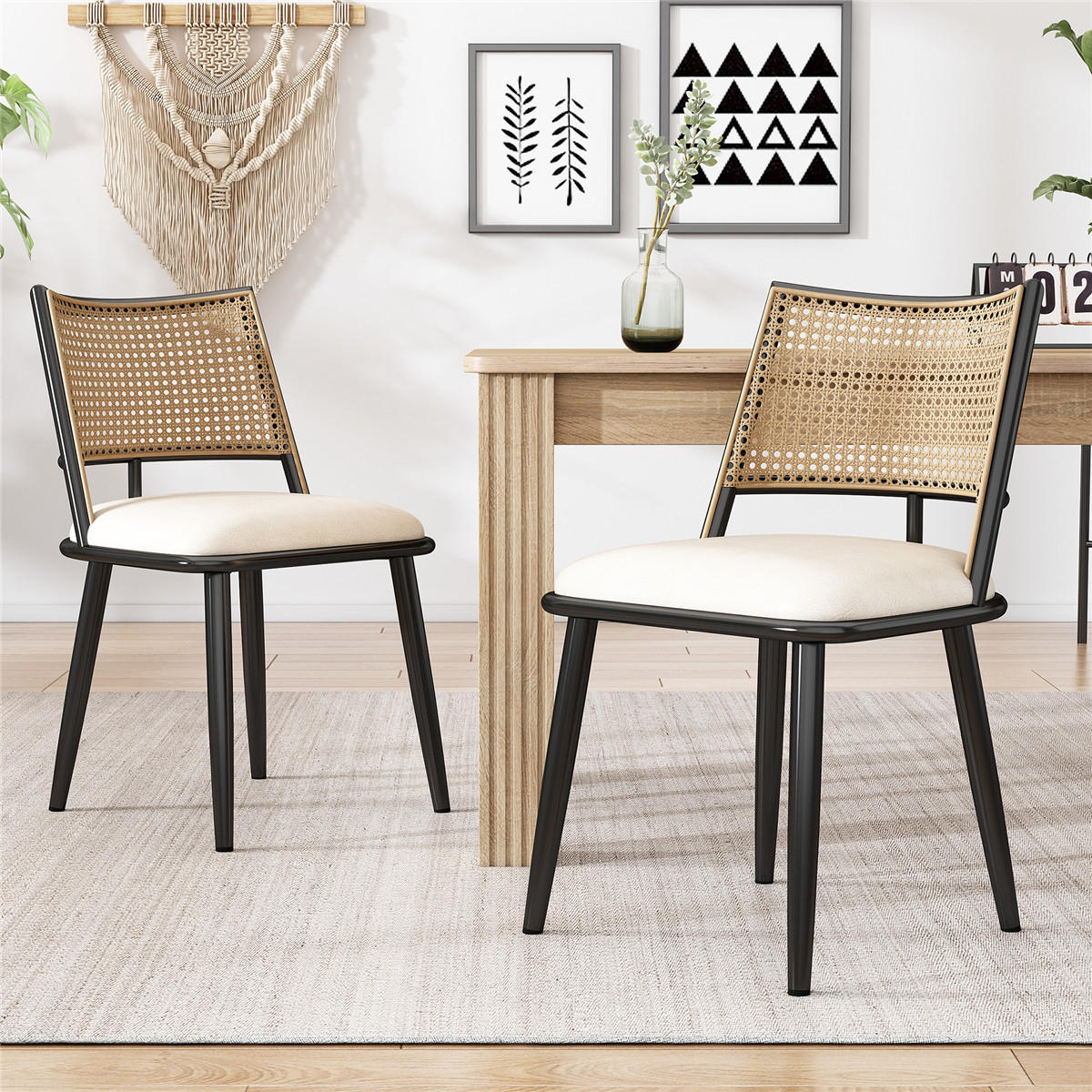 ESSZIMMERSTUHL 2er Set PU Sitz Rattan Rückenlehne schwarz - Schwarz, Metall (46/80/48cm) - Kaket