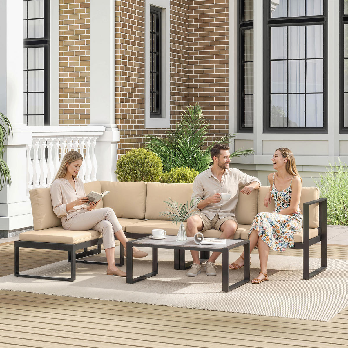 GARTENMÖBEL-SET DE-06584 4-tlg. mit 2 Zweisitzern & Couchtisch Khaki - Taupe, Textil/Metall - ComfortXL