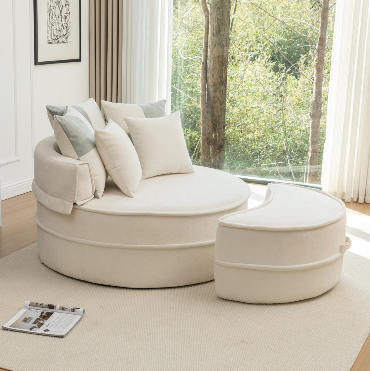 LOUNGESESSEL 121/107/42 cm mit Ottomane, 5 Kissen und Chenille-Bezug, Beige - Beige, Kunststoff (121/66/163cm) - Redom